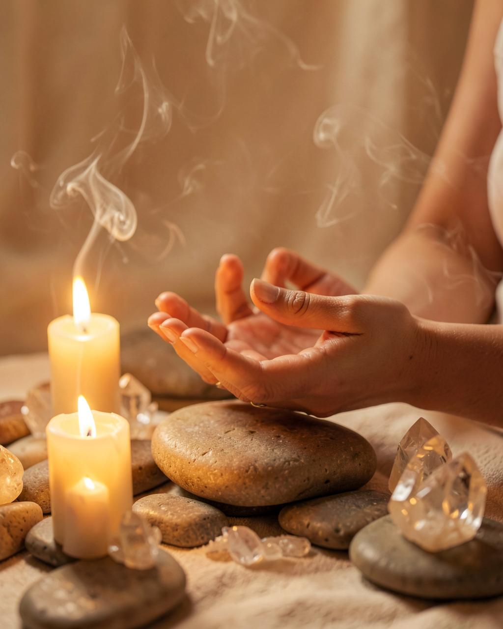 Mãos em gesto meditativo entre velas acesas, pedras e cristais