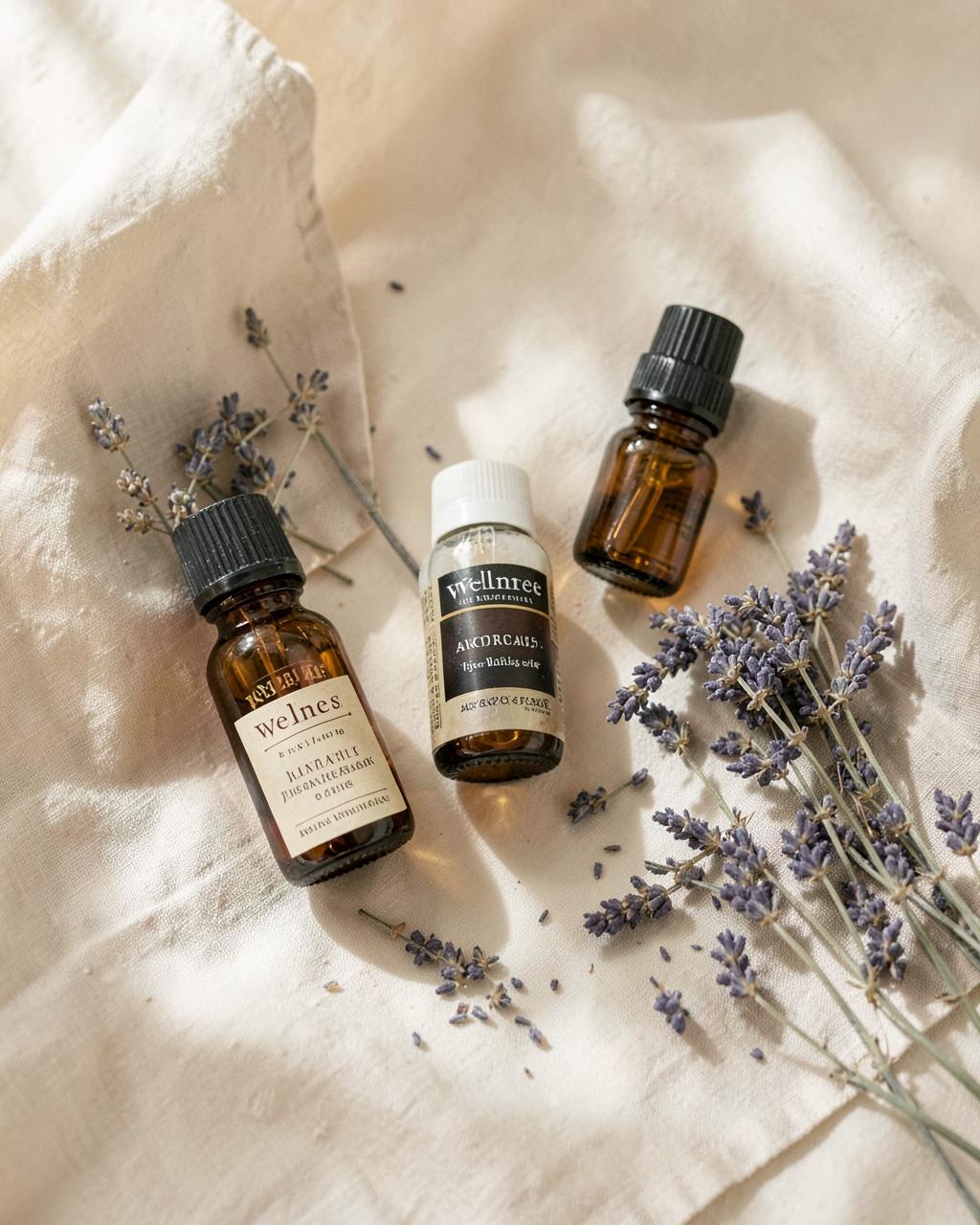 Frascos de âmbar com essências e ramos de lavanda sobre tecido de linho